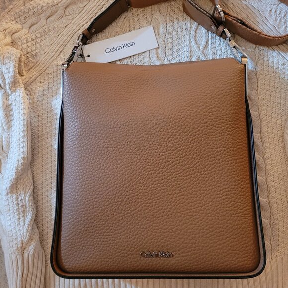 Calvin Klein Crossbody Bag. Large Caramel Silvertone Hardware Adjustable Strap. - Picture 1 of 14